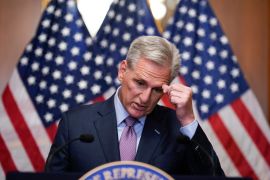Republican Kevin McCarthy speaks to reporters hours after he was removed as Speaker of the House on October 3, 2023 in Washington, DC [J. Scott Applewhite/AP]