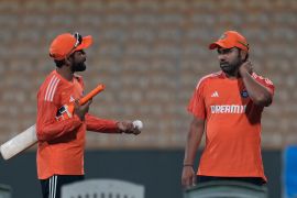 India&#39;s captain Rohit Sharma, right, and Ravindra Jadeja attend a training session ahead of the match against Australia [Rafiq Maqbool/AP Photo]
