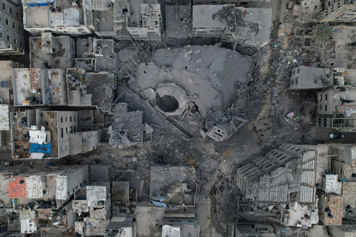 The rubble of the Yassin Mosque, destroyed in an Israeli airstrike, is seen at Shati refugee camp in Gaza City