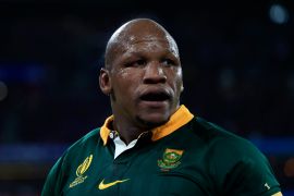 South Africa's Mbongeni Mbonambi reacts during the Rugby World Cup quarterfinal match between France and South Africa
