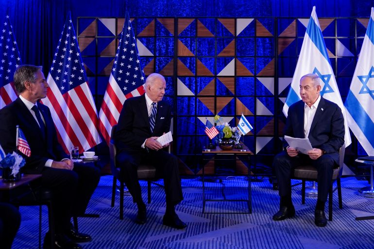 Israeli Prime Minister Benjamin Netanyahu speaks as he meets with President Joe Biden, Wednesday, Oct. 18, 2023, in Tel Aviv