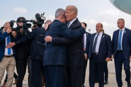 President Joe Biden hugs Israeli Prime Minister Benjamin Netanyahu at Ben Gurion International Airport, October 18, 2023, in Tel Aviv [Evan Vucci/AP Photo]