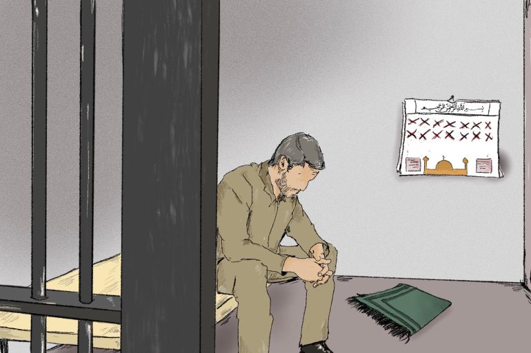 An illustration of a person sitting in a cot in a cell with a calendar on the wall with the dates crossed out and a prayer mat below it.
