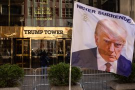 A flag supporting Donald Trump outside Trump Tower in New York on October 1, 2023. [Yuki Iwamura/Bloomberg via Getty Images]