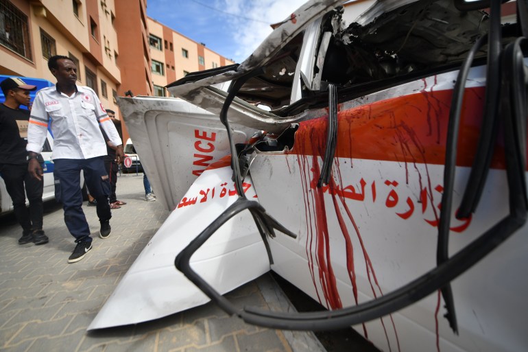 A damaged ambulance in an Israeli army attack as clashes between Palestinian factions and Israeli forces continue in Khan Yunis, Gaza