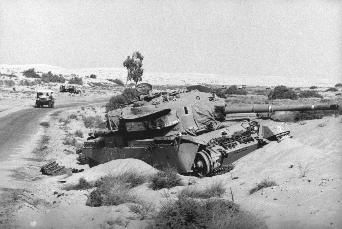 A tank destroyed in the Sinai desert during the Yom Kippur War.