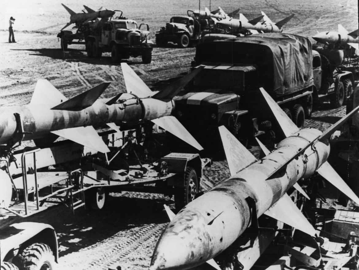 Soviet-built Egyptian SAM II anti-aircraft missiles captured by the Israelis on the western bank of the Suez Canal