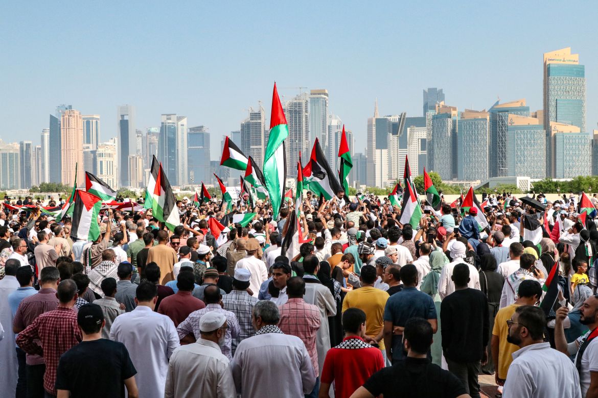 People of different nationalities gathered after Friday prayers at Imam Muhammad bin AbdulWahhab Mosque in Doha to rally in solidarity with Palestinians in Gaza