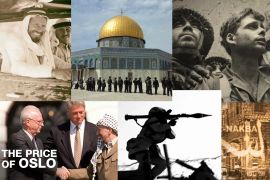 An image with six images stuck together, three on the top, three on the bottom. The top has 3 images, from the left it is a historical photo of officials, Al Aqsa mosque with people standing in front and another historical image of two men in battle. From the bottom left, a photo of then president Bill Clinton standing in the middle and behind Yitzhak Rabin, the then Israeli prime minister, and Yasser Arafat shaking hands, a photo of someone holding a weapon in black and white and an image of documentary thumbnail with buildings and the word "Nakba" on the front.
