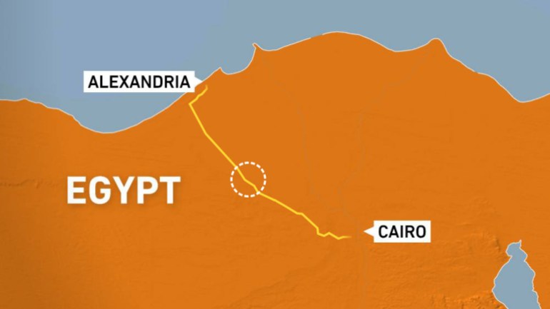 Map showing the road between Cairo and Alexandria in Egypt