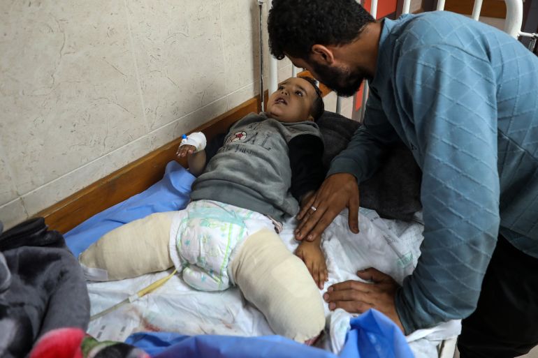 Ahmad Shabat and his uncle Ibrahim at the Al-Aqsa Martyrs Hospital in Deir al-Balah, central Gaza Strip