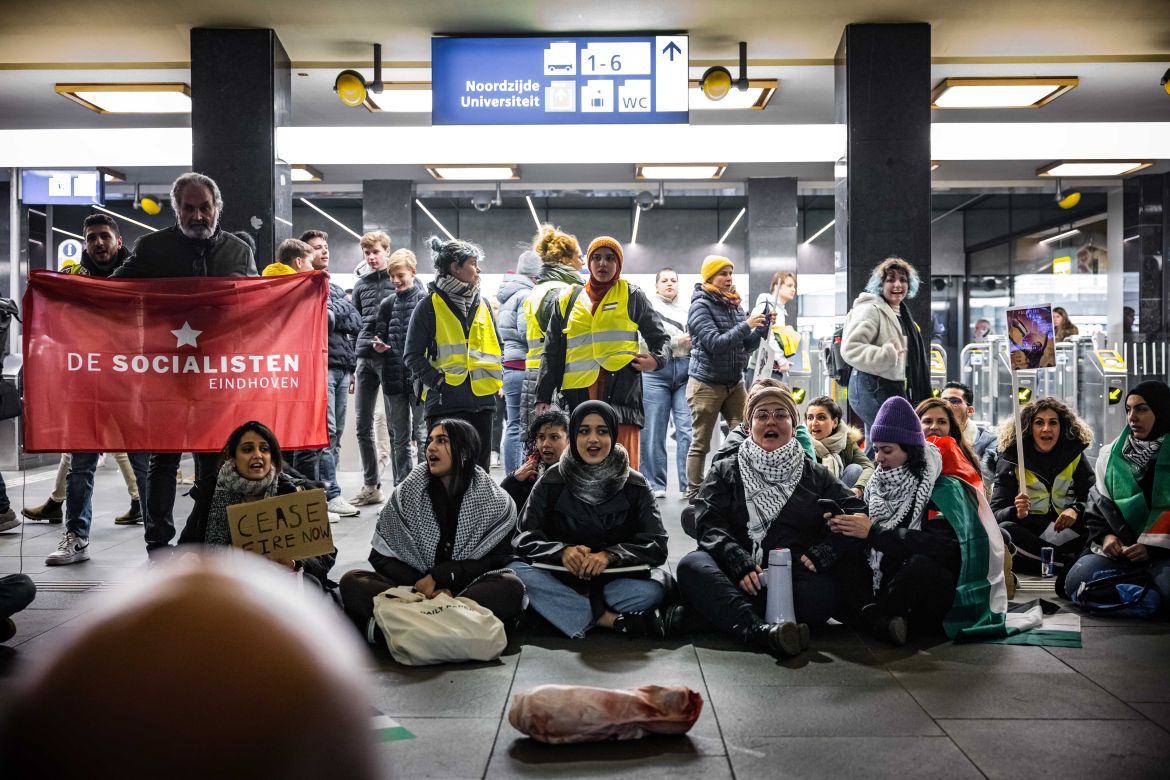 Protesters are holding a sit-in at Eindhoven central station, in Eindhoven, the Netherlands.