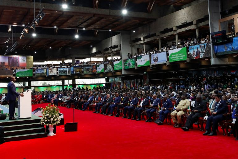 Kenya's President William Ruto addresses delegates during the Africa Climate Summit (ACS) 2023 at the Kenyatta International Convention Centre (KICC) in Nairobi, Kenya, September 5, 2023. REUTERS/Monicah Mwangi