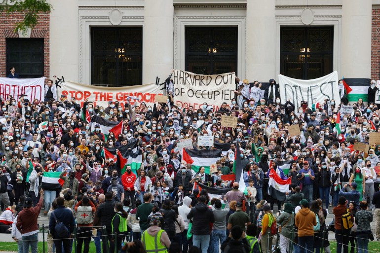 Protesters crowd the lawn of Harvard University to show support for Palestinian rights.