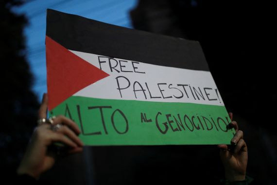 A woman holds a poster that reads "Free Palestine" and "Stop the Genocide" next to other protesters gathered outside the Embassy of Israel during a demonstration in support of the Palestinians, in Mexico City, Mexico