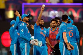 India's Mohammed Shami celebrates his five-wicket-haul after taking the wicket of Sri Lanka's Kasun Rajitha