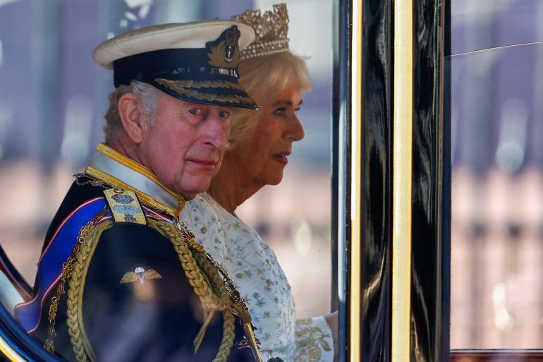 Britain's King Charles and Queen Camilla leave Buckingham Palace for the State Opening of Parliament at the Houses of Parliament, in London, Britain, November 7, 2023. REUTERS/Peter Nicholls