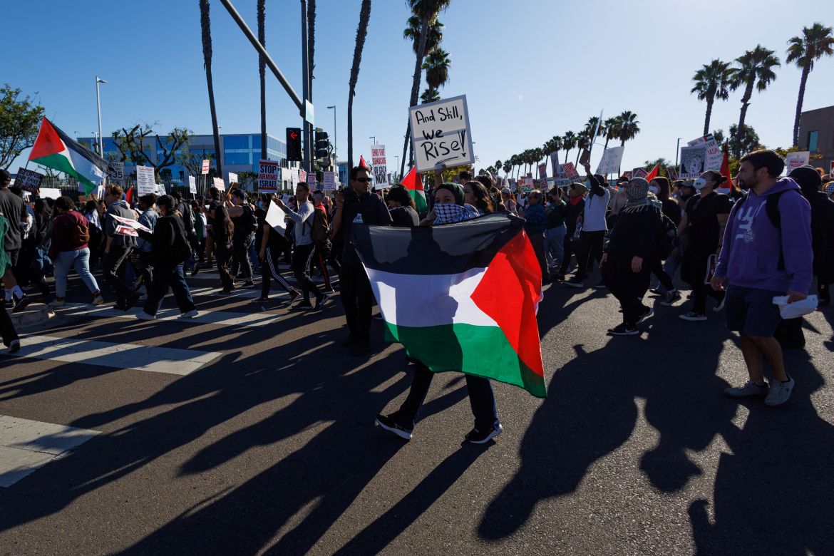 Pro Palestinian demonstrators gather outside a Northrop Grumman office complex to protest the sale of their weapons to Israel, in San Diego, California