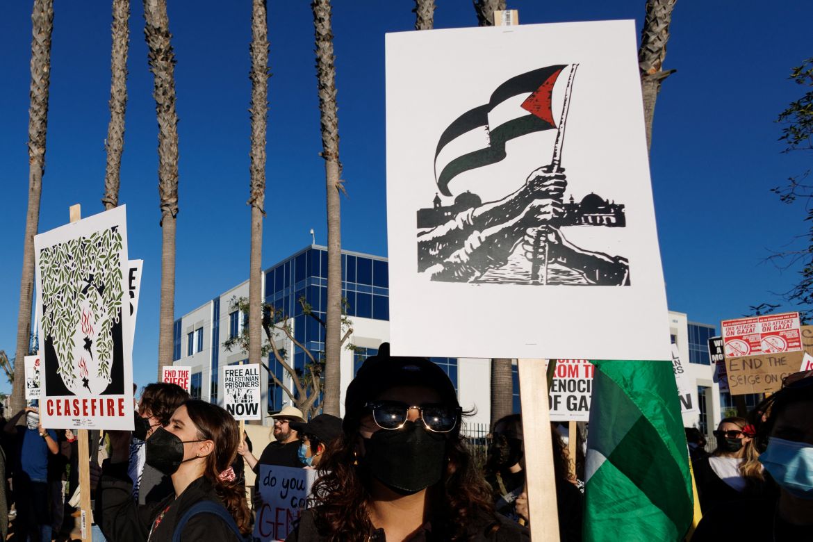 Pro Palestinian demonstrators gather outside a Northrop Grumman office complex to protest the sale of their weapons to Israel, in San Diego, California