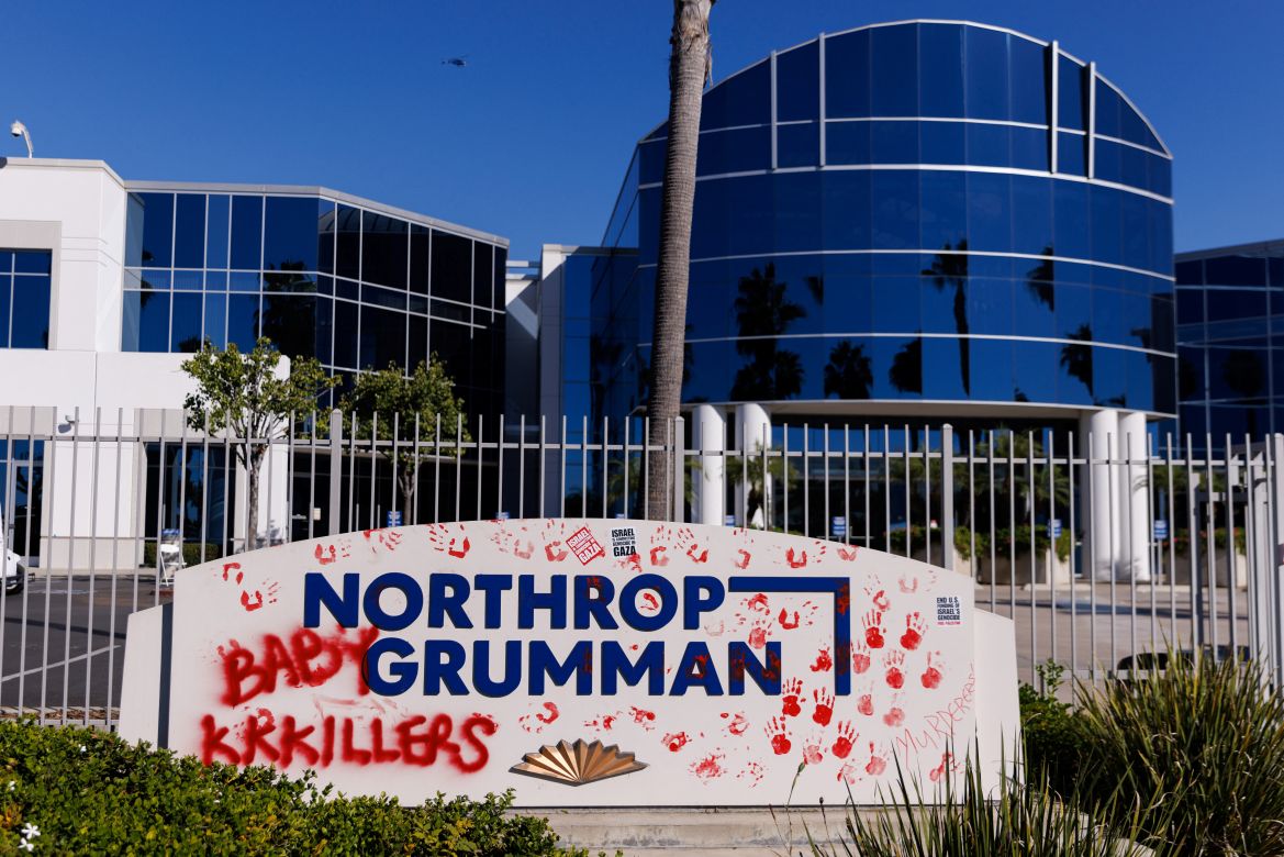 A defaced sign is shown at the Northrop Grumman office complex after Pro Palestinian demonstrators gathered outside to protest the sale of their weapons to Israel, in San Diego, California
