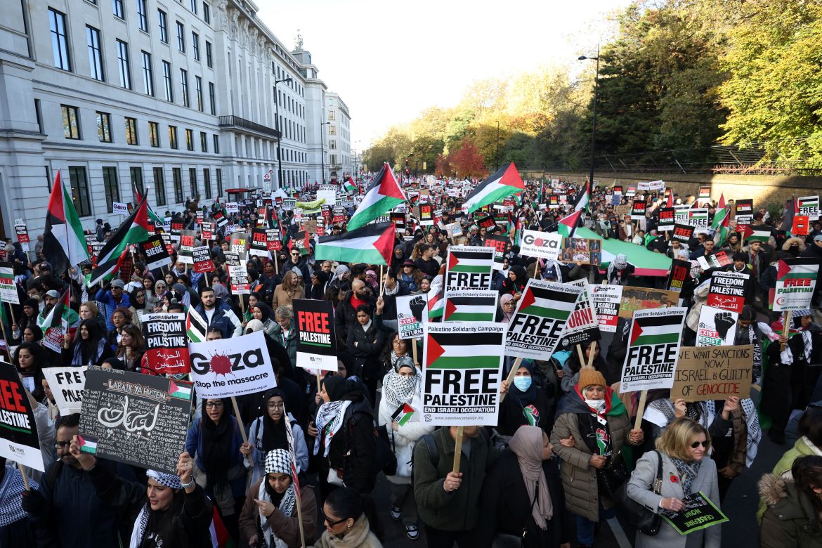 Demonstrators protest in solidarity with Palestinians in Gaza, amid the ongoing conflict between Israel and the Palestinian Islamist group Hamas, in London