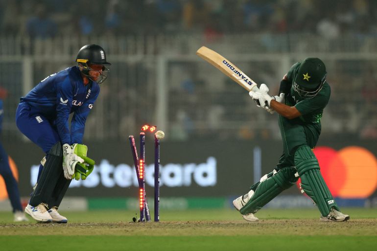 Pakistan's Saud Shakeel is bowled out by England's Adil Rashid