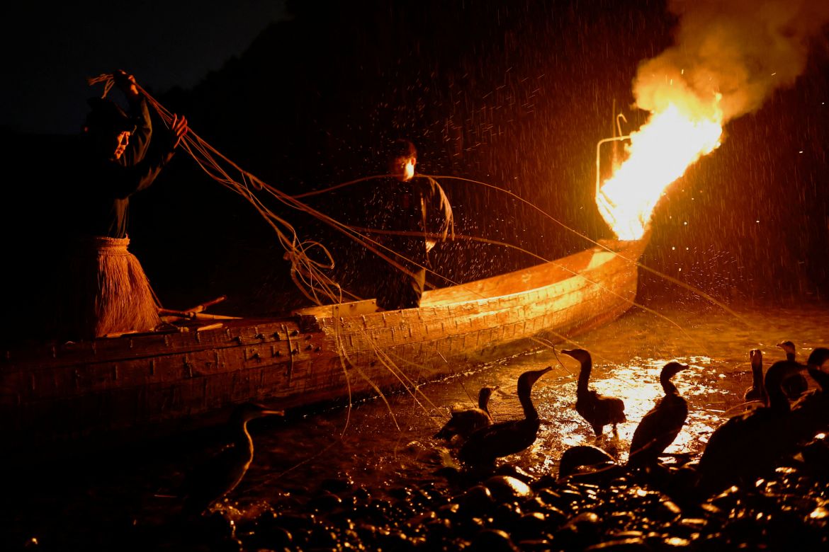 Cormorant fishing master, known as usho, Youichiro Adachi (left), 48, holds the leashes tied to the necks and bodies of cormorants as he prepares for cormorant fishing or ukai, on the Nagara River in Oze, Seki, Japan.