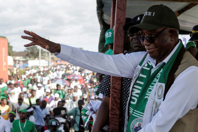 FILE PHOTO: Liberia's opposition Unity Party Joseph Boakai waves to his supporters as holds his final campaign rally for the presidential elections in Monrovia, Liberia October 7, 2023. Reuters/Carielle Doe/File Photo