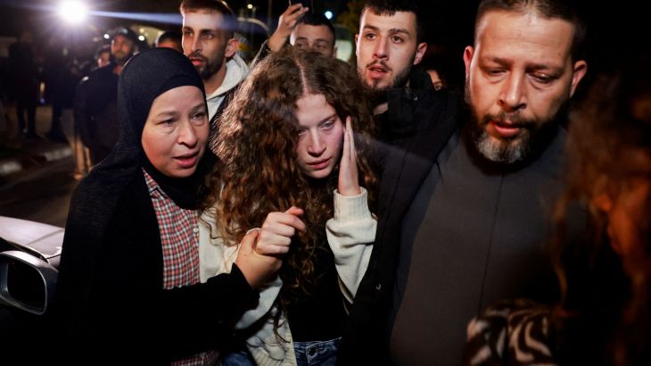 Palestinian activist Ahed Tamimi reacts after being released amid a hostages-prisoners swap deal between Hamas and Israel