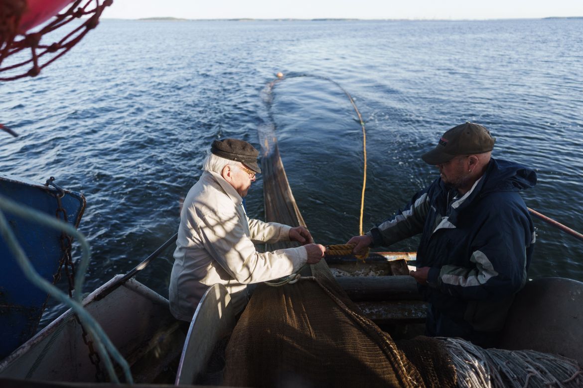 Herring fishermen Holger Sjogren (L) and Jan Sjogren lower the fishing net into the water from their boat off Kotka, southern Finland.
