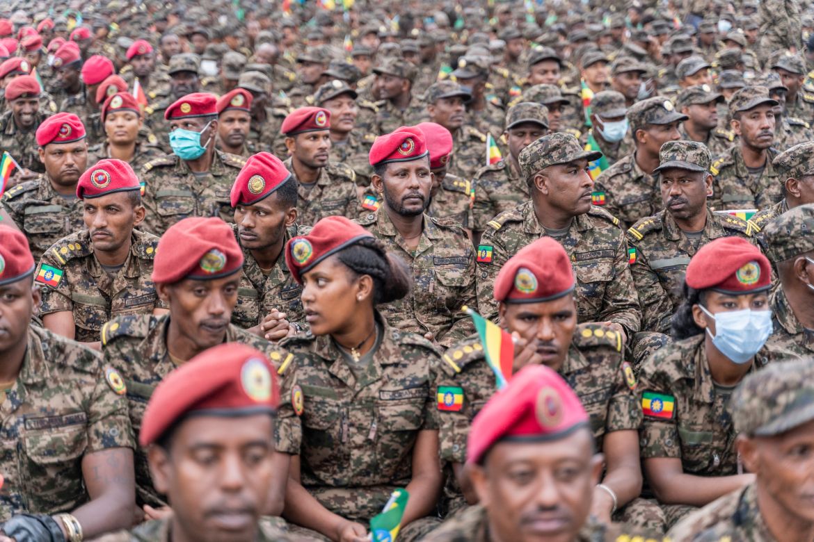 Members of the Ethiopian National Defense Force attend the 116th celebration of Ethiopian Defense Force day in Addis Ababa, Ethiopia.