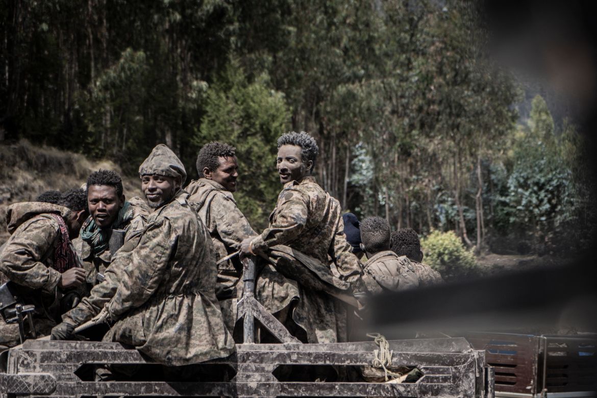 Members of the Ethiopian National Defense Force (ENDF) are seen on a truck in Shewa Robit, Ethiopia.