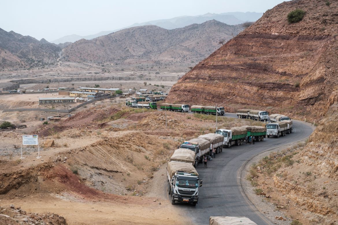 A convoy of trucks part of a convoy of the World Food Programme (WFP) on their way to Tigray are seen in the village of Erebti, Ethiopia.