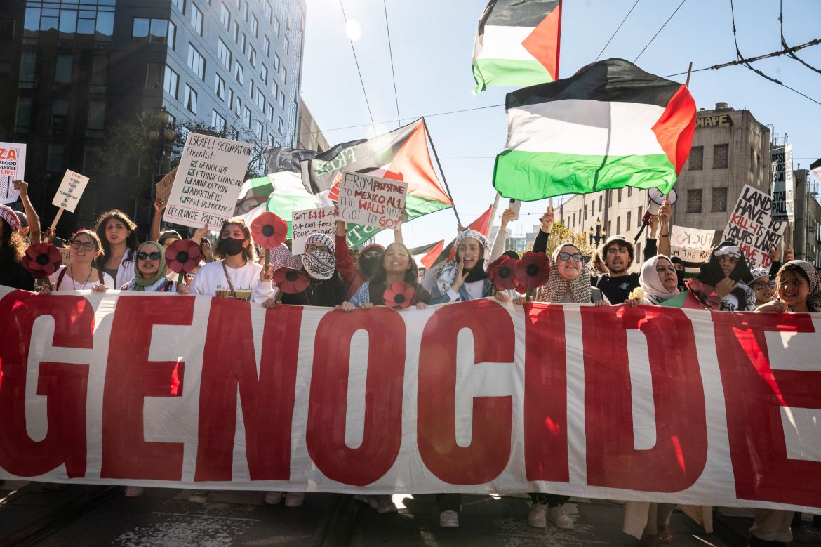 People take part in a "Palestine Solidarity" march in San Francisco, California