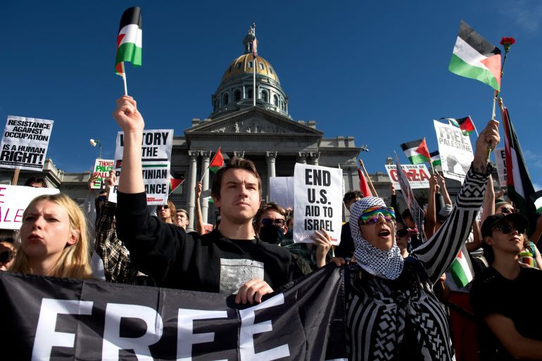 Demonstrators rally in support of Palestinians at the Colorado State Capital in Denver, Colorado, on November 5, 2023. - Thousands of people, both Israeli and Palestinians, have died since October 7, 2023, after Palestinian Hamas militants based in the Gaza Strip, entered southern Israel in a surprise attack leading Israel to declare war on Hamas in Gaza the following day. (Photo by Jason Connolly / AFP)