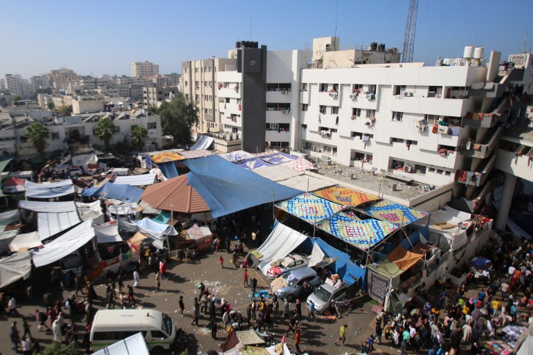 An aerial view shows the compound of Al-Shifa hospital in Gaza City on November 7, 2023, amid the ongoing battles between Israel and the Palestinian group Hamas. (Photo by Bashar TALEB / AFP)