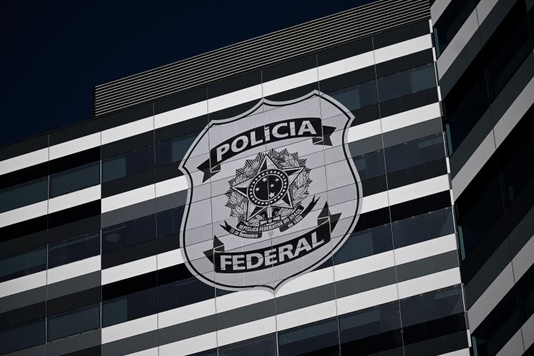 The facade of Brazil's federal police HQ with its logo on the side