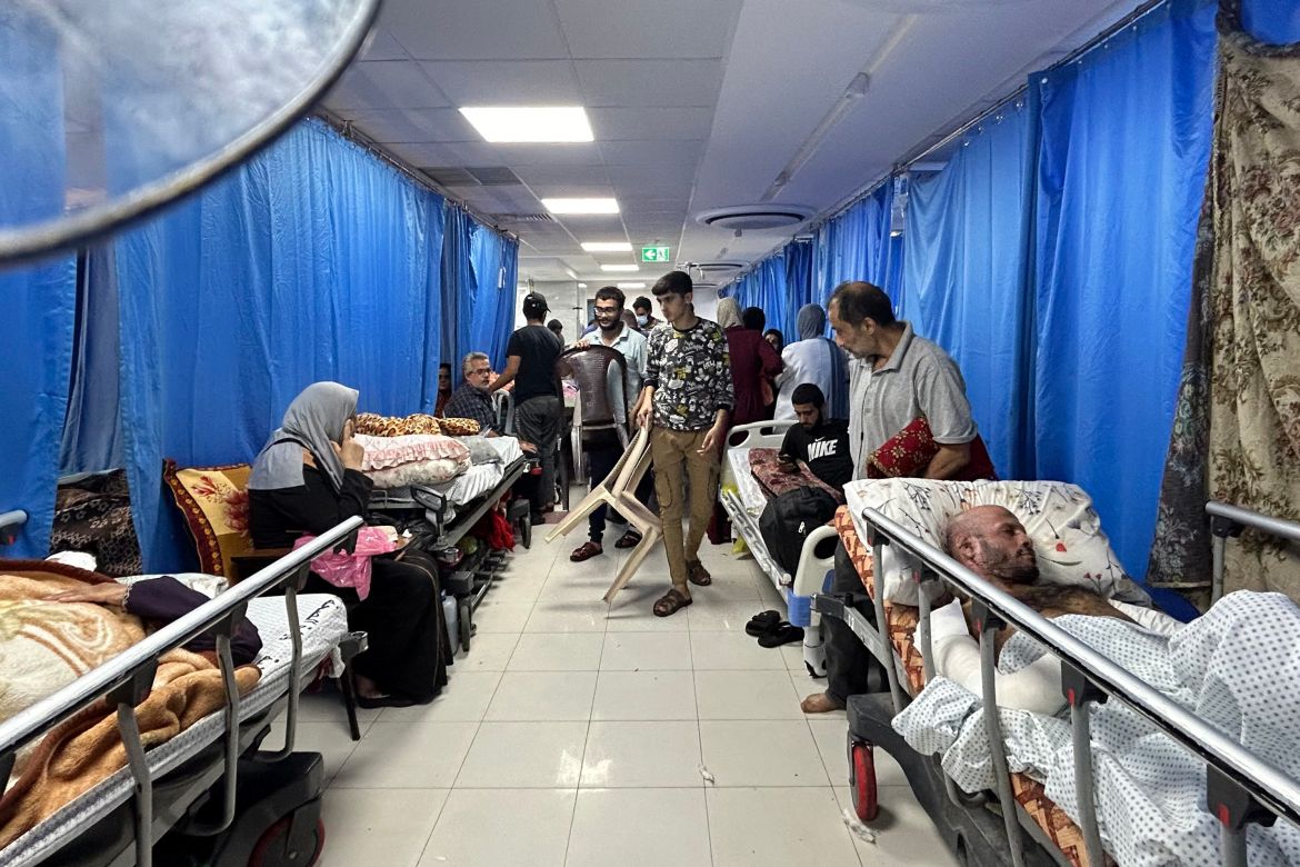 Patients and internally displaced people are pictured at Al-Shifa hospital in Gaza City