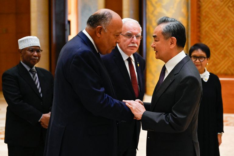China's Foreign Minister Wang Yi (R) shakes hands with Egypt's Foreign Minister Sameh Shoukry before a family photo for the attendees of a meeting of foreign ministers from Arab and Muslim-majority nations at the Diaoyutai State Guest House in Beijing on November 20, 2023. - The international community must take urgent action to stop the "humanitarian disaster" unfolding in Gaza, Chinese Foreign Minister Wang Yi told visiting diplomats from Arab and Muslim-majority nations on November 20. (Photo by Pedro PARDO / AFP)