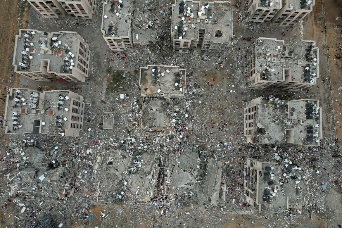 An aerial view shows the destruction caused by Israeli strikes in Wadi Gaza, in the central Gaza Strip, on amid a truce in battles between Israel and Hamas.