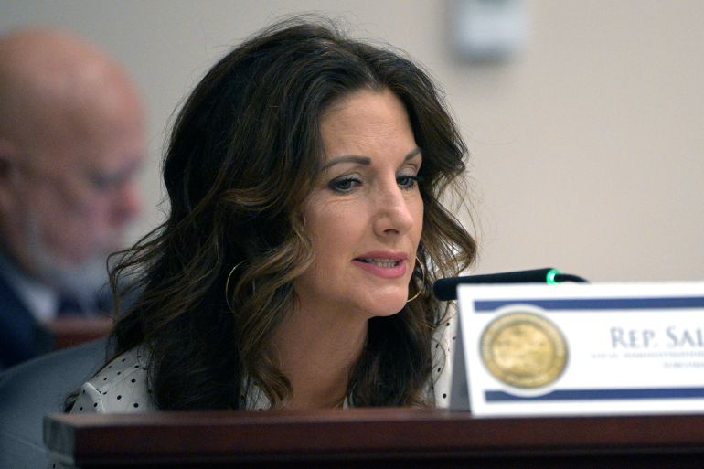 Florida Rep. Michelle Salzman makes a point during a Local Administration and Veterans Affairs Subcommittee hearing in a legislative session, Thursday, Jan. 13, 2022, in Tallahassee, Fla. (AP Photo/Phelan M. Ebenhack)