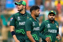 Haris Rauf, centre, has been denied permission to play franchise T20 cricket in Australia after he turned down an offer to play for Pakistan in a Test series in Australia [File: Aijaz Rahi/AP]