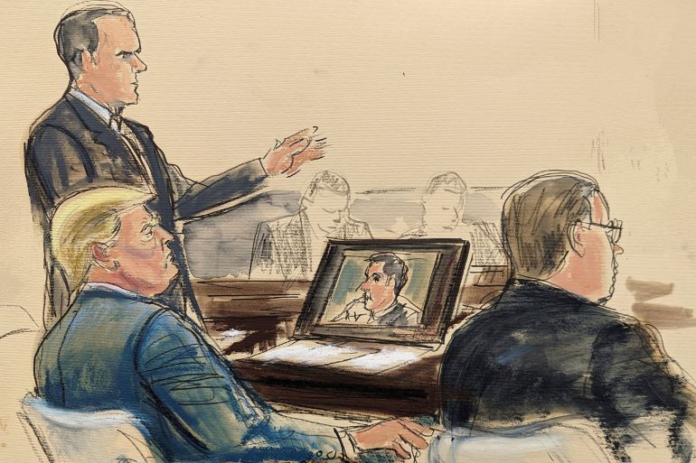 Courtroom drawing of trump and his lawyers