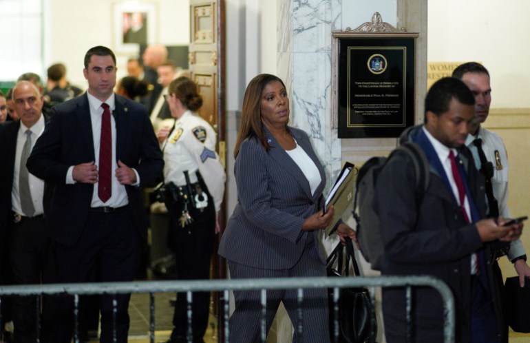 New York Attorney General Letitia James, center, walks out of the courtroom after former President Donald Trump testified at New York Supreme Court, Monday, Nov. 6, 2023, in New York.