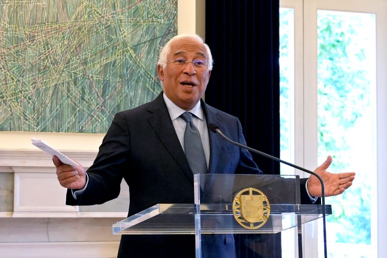Portuguese Prime Minister Antonio Costa gestures during a news conference in Lisbon