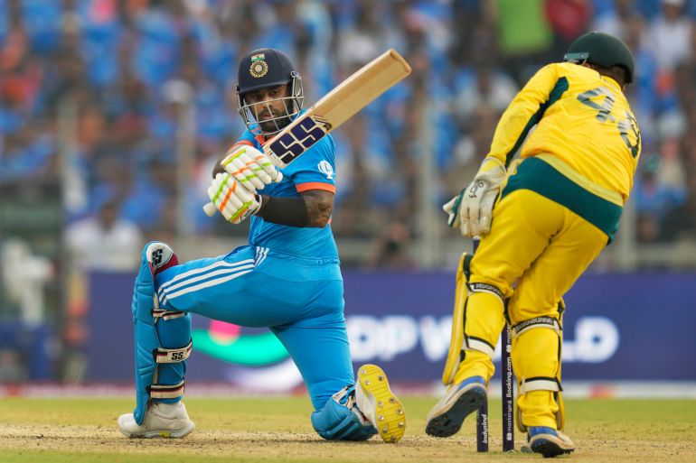 India's Suryakumar Yadav bats during the ICC Men's Cricket World Cup final match between Australia and India in Ahmedabad, India, Sunday, Nov. 19, 2023. (AP Photo/Rafiq Maqbool)