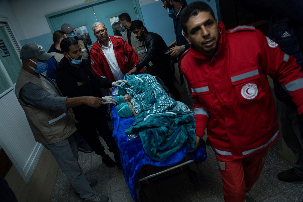 Medics prepare premature babies for transport to Egypt after they were evacuated from Shifa Hospital in Gaza City to a hospital in Rafah, Gaza Strip, Monday
