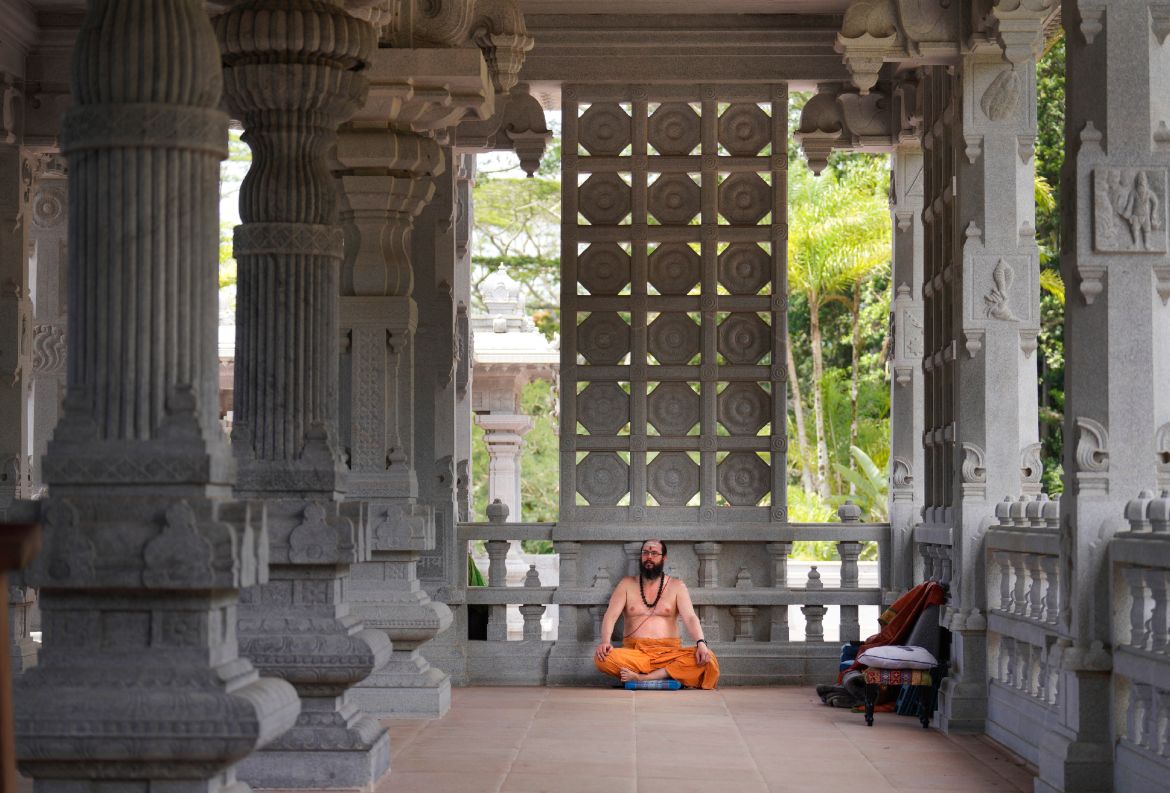 Sannyasin Siddhanathaswami sits in the Iraivan Temple at the Kauai Hindu Monastery in Kapaa, Hawaii.