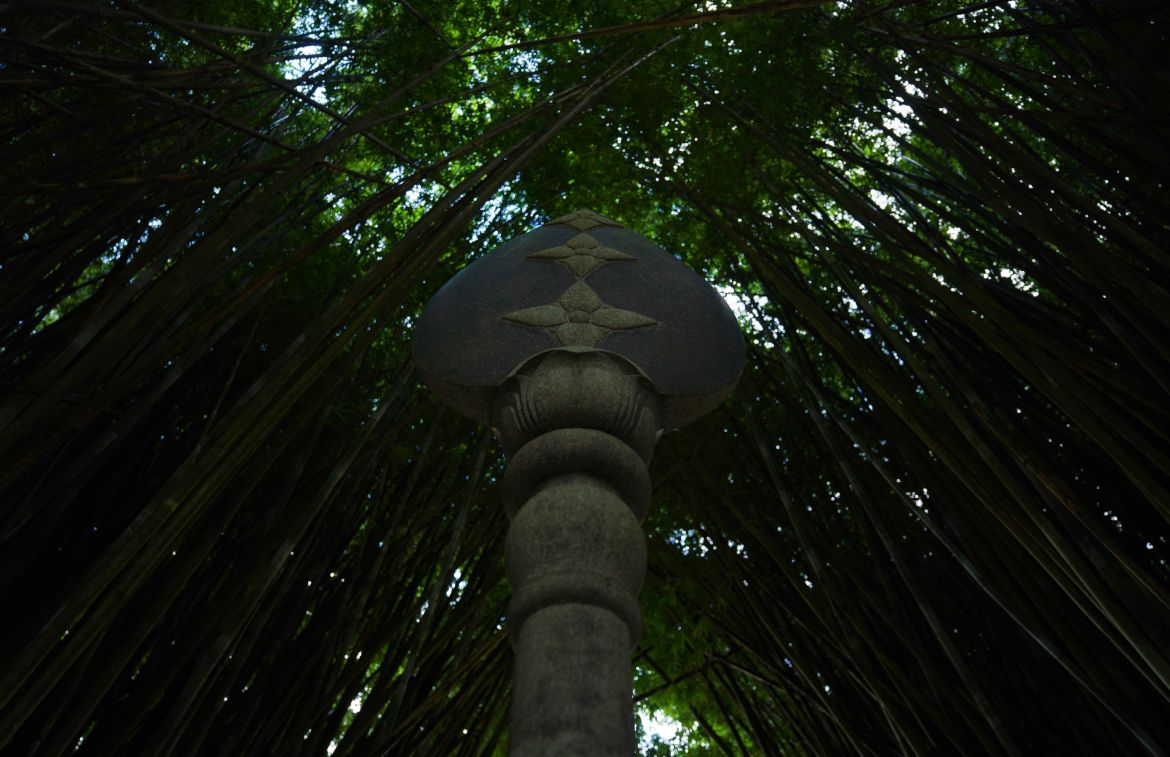 A statue of a spear, which is the weapon of Lord Muruga, the Hindu god of war, stands amidst a cave of bamboo, at Kauai's Hindu Monastery.