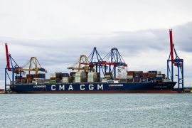 In this photo provided by Manuel Hernandez Lafuente, the CMA CGM Symi is seen at port in Valencia, Spain, Oct. 22, 2023